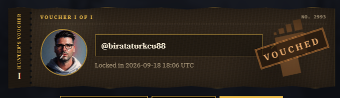 A digital 'Hunter's Voucher' graphic marked 'VOUCHED' with the username @birataturkcu88, a small portrait avatar, and a timestamp 'Locked in 2026-09-18 18:06 UTC'.