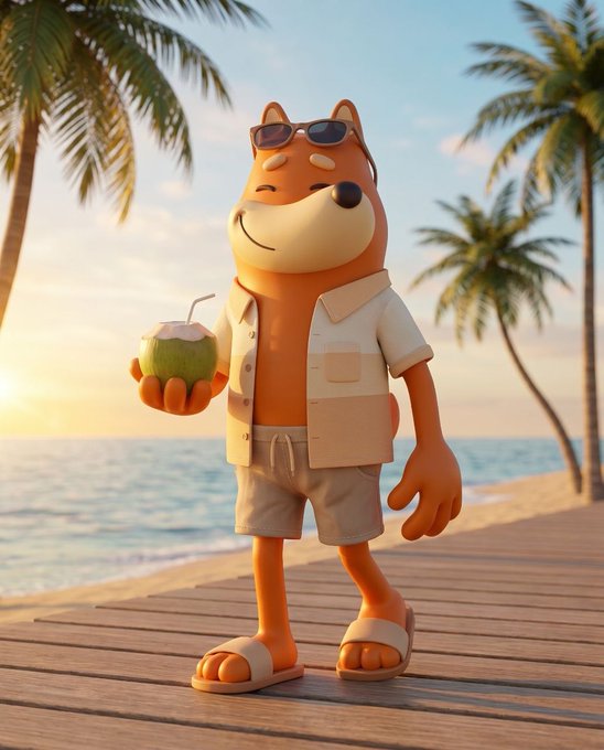 The image features a cartoon character, likely a dog or a fox, standing on a wooden boardwalk near the ocean at sunset. The character appears to be enjoying their time by holding a coconut drink in one hand while wearing sunglasses and a shirt with pockets. There is also a watermark that reads "Sunday Check-In Are ya BONKin Son?".