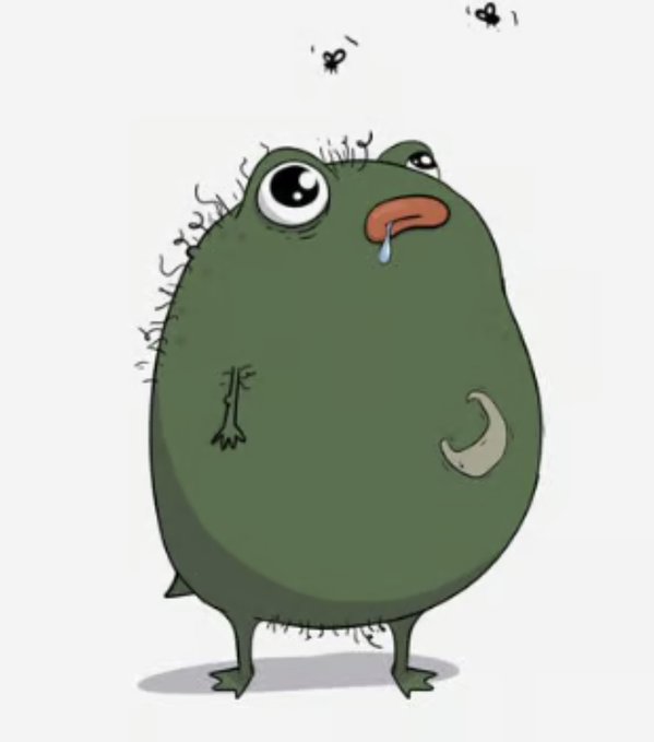 A cartoon illustration shows a sad, lumpy green creature with sparse hair, drooling slightly, while small flies buzz around its head.