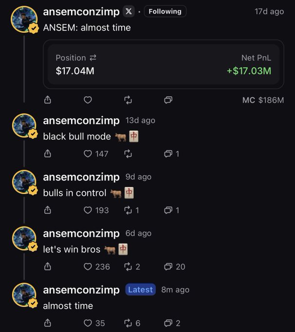 The image shows a series of Twitter/X posts from user "ansemconzimp" with bullish messages like "black bull mode," "bulls in control," and "let's win bros" alongside a trading screenshot showing a $17.04M position with +$17.03M profit. This aligns with the accompanying post celebrating a "final flush complete" and teasing a "season loading" after a month-long consolidation for $ANSEM, reflecting the account's history of bullish conviction and significant trading gains.