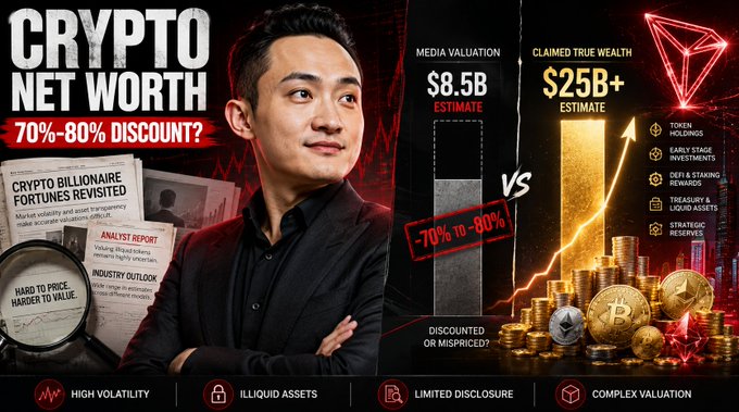 A thumbnail about crypto net worth featuring Justin Sun, discussing whether media valuation estimates like $8.5B versus claimed $25B+ true wealth are off by 70-80%, noting high volatility and illiquid assets.