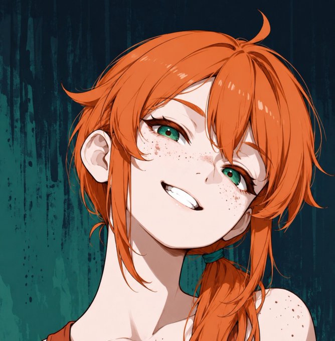 An anime-style illustration depicts a smiling character with vibrant orange hair, green eyes, and freckles against a dark teal background.