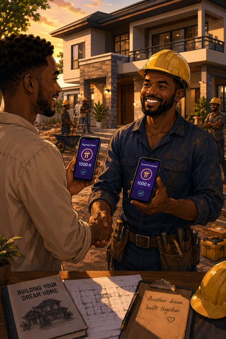 A digital illustration shows two men shaking hands in front of a partially constructed house, both holding smartphones displaying 'Payment Sent 1000 ft', with papers on a table reading 'BUILDING YOUR DREAM HOME' and 'Another dream built together'.