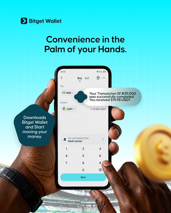 A hand holds a smartphone displaying the Bitget Wallet app, which shows a completed ₦29,000 NGN to USDT transaction converted to 19.98 USDT, with a "Bank transfer" option featured prominently. The ad reinforces Bitget Wallet's messaging about fast, convenient crypto-to-bank transfers in as little as 20 seconds.