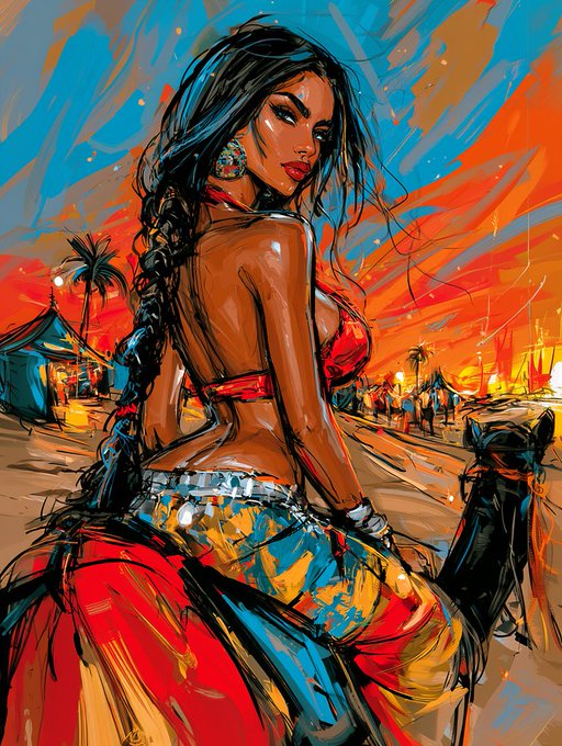 A colorful, painterly illustration of a woman with a long dark braid wearing a red top and vibrant multicolored pants, set against an orange and blue sunset backdrop with tents and palm trees.