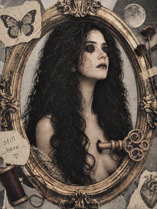 A gothic collage features a pale woman with dark curly hair and dramatic makeup inside an ornate gold mirror frame, accompanied by a butterfly illustration, a key, a moon, and a note reading 'still here...'.