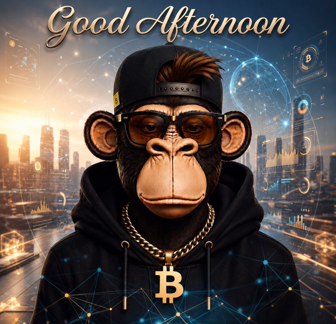 A digital illustration of a chimpanzee wearing sunglasses, a backwards cap, and a hoodie with a Bitcoin logo, set against a futuristic cityscape with the text "Good Afternoon."