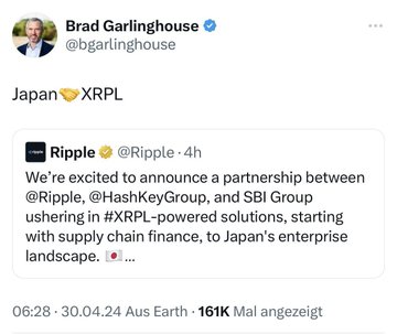 A tweet from Brad Garlinghouse (@bgarlinghouse) saying 'Japan🤝XRPL' while quoting Ripple's announcement of a partnership with HashKey Group and SBI Group to bring XRP-powered supply chain finance solutions to Japan's enterprise landscape.