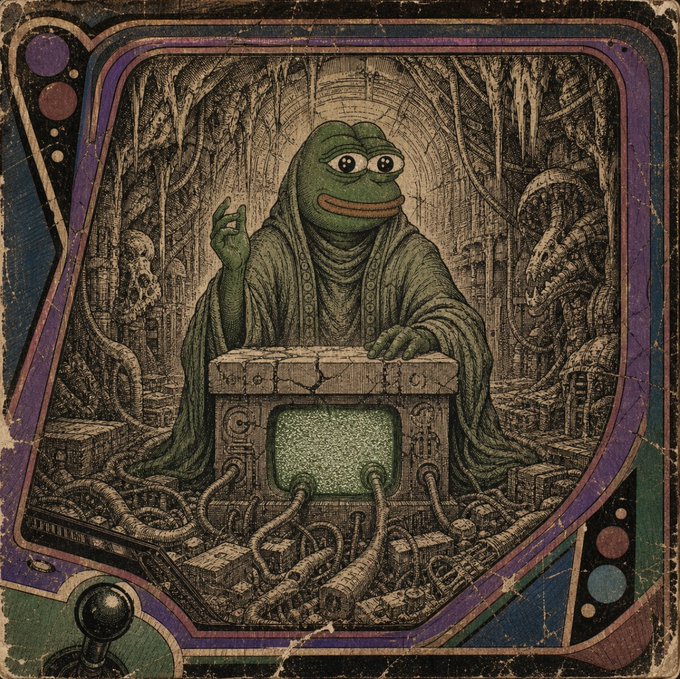 A frog-like creature with a green body and red eyes sits atop a green box, surrounded by purple and blue elements, with a skull and crossbones symbol above it.