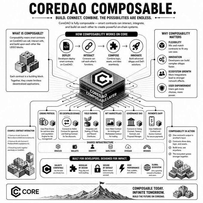 An infographic titled 'COREDAO COMPOSABLE' explaining the platform's features like composability, smart contracts, and yield farming with text such as 'BUILD. CONNECT. COMBINE. THE POSSIBILITIES ARE ENDLESS.'
