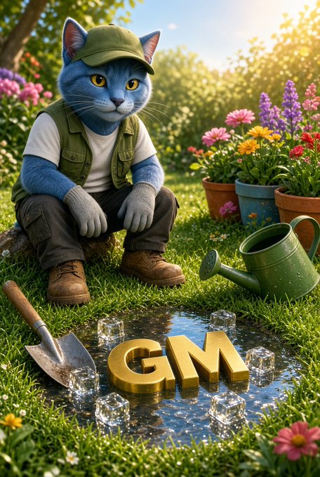 An anthropomorphic cat wearing a green cap and vest crouches in a sunny garden beside flower pots, a watering can, and a shovel, with the golden letters "GM" displayed in a puddle surrounded by ice cubes. The cheerful "gm gm happy thursday" greeting pairs with the bright, friendly scene to spread good morning vibes.