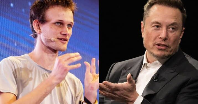 The image shows a side-by-side of Vitalik Buterin speaking at an event on the left and Elon Musk gesturing during an interview on the right, visually representing the post's context of Buterin's suggestion to Musk that AI governance should involve more than just governments and tech giants, with X potentially serving as a coordination platform for broader public input on AI risks.
