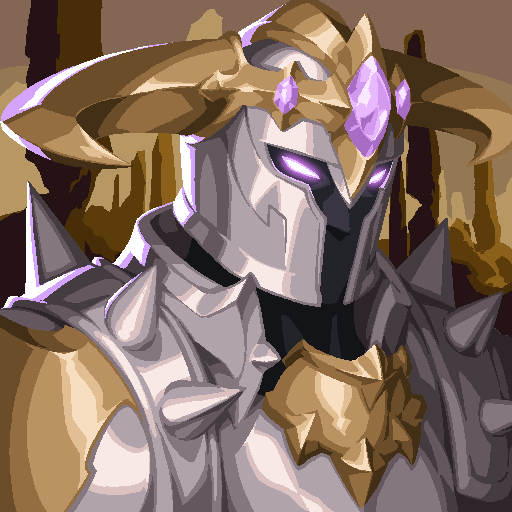 A digital illustration of an armored knight character with a horned helmet featuring purple crystal gems, glowing purple eyes, and silver-gray spiked armor.