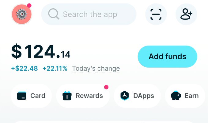 A crypto wallet app dashboard displays a balance of $124.14 with a 22.11% daily gain (+$22.48), suggesting a recent surge—possibly tied to the user's $GARRI token purchase. The upbeat "Today's change" figure visually reinforces the post's confident message to simply hold and wait for a "boom."