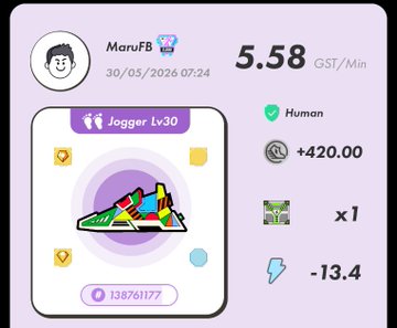 The image shows a purple square with various icons, including a cartoon shoe icon, a lightning bolt icon, and a coin icon. The text "stepn" appears multiple times throughout the image, possibly indicating that there are different steps or actions associated with the content displayed on the screen. The post is titled "朝活ウォーキング 土曜日 気温25°C StepN 両わず" and has a rating of 5.58 out of 5 stars, suggesting that it might be an interesting or engaging piece of content.