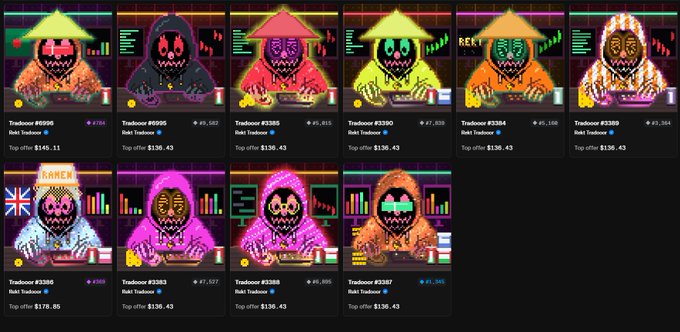 The image displays a collection of pixel-art NFT avatars known as "Tradorrs," each wearing a conical hat and trading at low offers ranging from $130 to $178, with trade numbers visible such as #3995 and #3946. The post asks whether more "$REKT Tradorrss" are needed to win a competition, directly referencing these pixel-art characters shown in the reveal lineup.