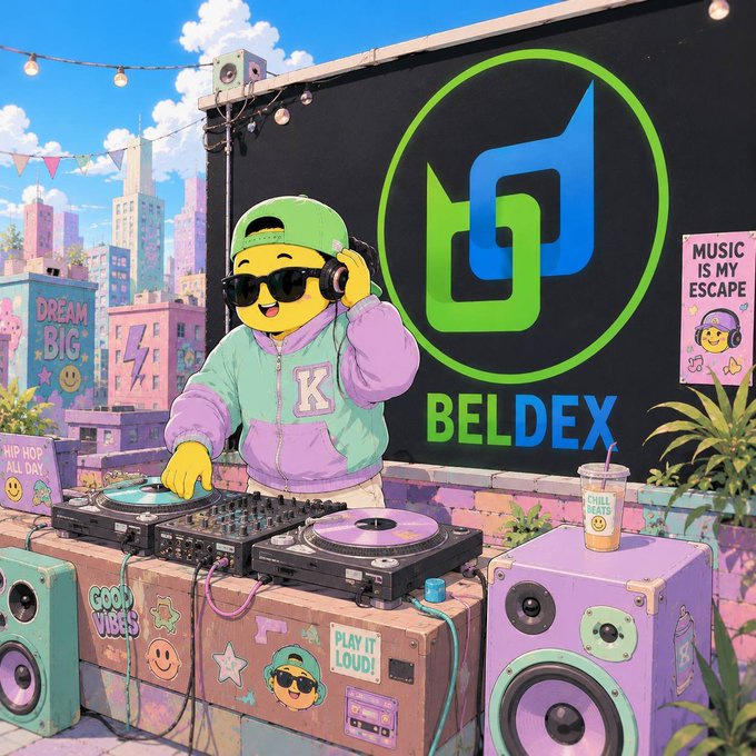 A vibrant digital illustration of a yellow smiley face DJ wearing a pastel outfit and headphones, performing at turntables in front of a 'BELDEX' billboard with the message 'Music is My Escape.'
