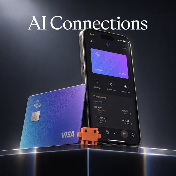 A sleek marketing image titled "AI Connections" features a gradient blue Visa debit card displayed alongside an iPhone showing the ether.fi banking app interface, with transaction details including Uber cashback (+$20.54) and Cash App charges (-$20.54). An orange Android mascot figure stands between them, visually symbolizing the integration of crypto banking with AI assistants like ChatGPT and Claude as described in the accompanying post.