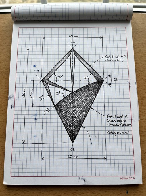 A hand-drawn technical sketch on grid paper shows a kite-shaped design with dimensions (60mm, 120mm), centerlines (CL), angles (50°, 70°), and reference notes to "Facet A-2" and "Facet A," labeled "Prototypes v4.1."

The image appears unrelated to the post about NFTs and AI, suggesting a possible mismatch between the caption and the visual content.