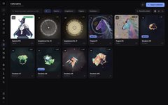 A dark-themed NFT marketplace interface labeled 'Collection' displaying various digital artwork thumbnails in a grid layout.