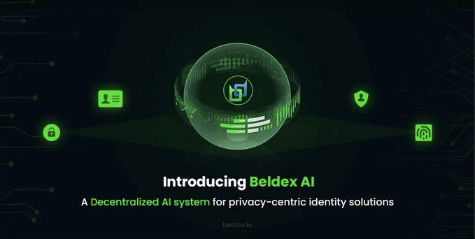 Beldex AI promotional banner introducing "A Decentralized AI system for privacy-centric identity solutions" at beldex.io, featuring a glowing green sphere surrounded by icons representing identity, security, and fingerprint recognition—visually reinforcing the post's emphasis on building privacy layers for AI agents, including decentralized identity (BNS), encrypted communication (BChat), and confidential payments.