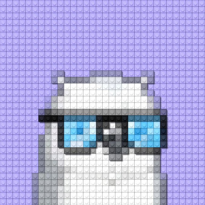 A pixel-art cat wearing black sunglasses, created with colorful bricks/cubes on a light purple pegboard background. The image relates to the post as a shoutout artwork celebrating "Meow Brix" for a 1/1 (one-of-one) NFT or collectible, showcasing a cute pixelated feline character that matches the "meow" theme.