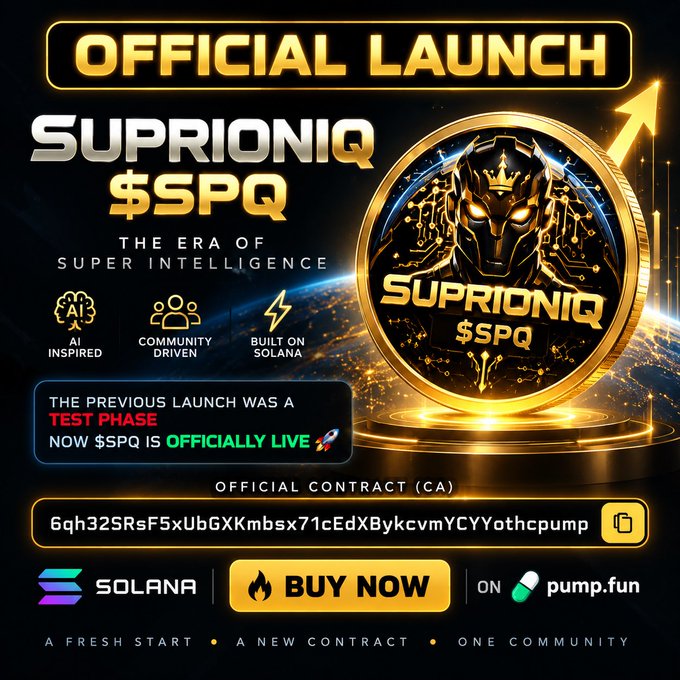A promotional graphic for "SUPRIONIQ $SPQ" cryptocurrency official launch, built on Solana, with a contract address and pump.fun link.