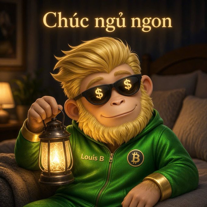A 3D-rendered illustration of a blonde monkey character wearing sunglasses with dollar sign lenses and a green hoodie displaying 'Louis B' and a Bitcoin logo, holding a glowing lantern beneath the text 'Chúc ngủ ngon' (Good night in Vietnamese).