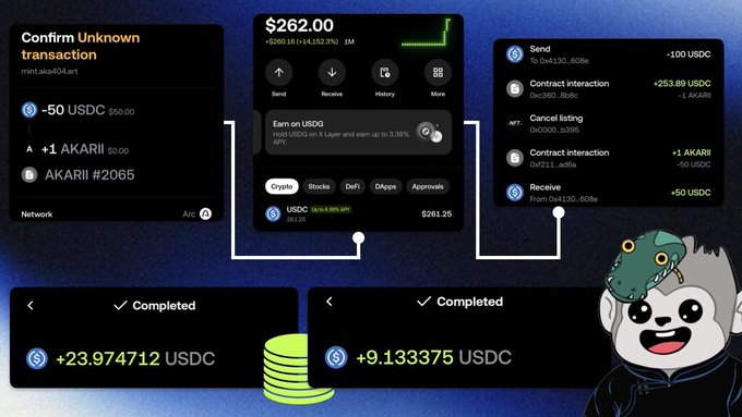 A wallet interface showing crypto transactions including USDC and AKARII tokens, with completed transactions of +23.974712 USDC and +9.133375 USDC, alongside a cartoon character.