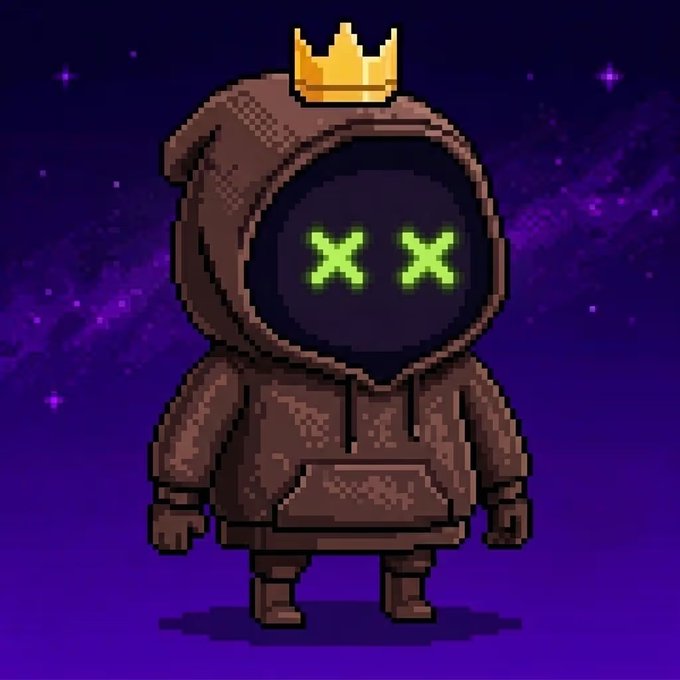 A pixel-art character in a brown hoodie with green X-eyes wears a golden crown against a starry purple background.