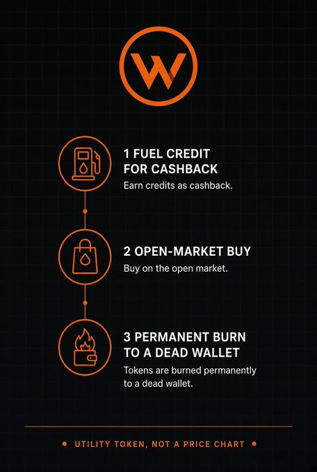 An infographic with a 'W' logo explains a three-step process: '1 FUEL CREDIT FOR CASHBACK', '2 OPEN-MARKET BUY', and '3 PERMANENT BURN TO A DEAD WALLET', noting 'UTILITY TOKEN, NOT A PRICE CHART'.