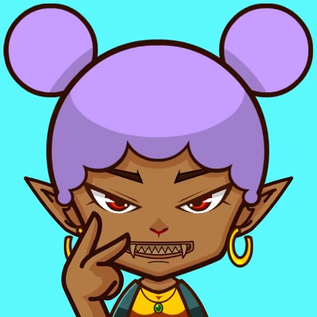 A cartoon-style NFT character with purple hair in two round buns, dark skin, sharp fangs, red eyes, and gold hoop earrings, making a hand gesture against a teal background.