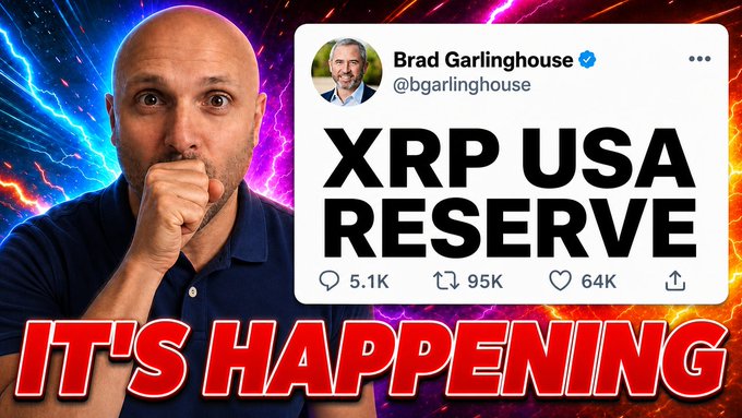 A shocked-looking man appears alongside a tweet from Brad Garlinghouse (@bgarlinghouse) reading "XRP USA RESERVE" with 95K retweets, captioned "IT'S HAPPENING" — visually amplifying the post's claim about a regulatory shift favorable to crypto, including $XRP, following 583 IPOs and $28B raised since inauguration.
