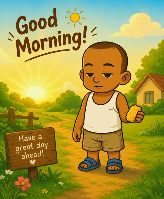 Cartoon illustration of a young boy in a white tank top and sandals holding a snack, with 'Good Morning!' text and a 'Have a great day ahead!' sign in a sunny countryside setting.
