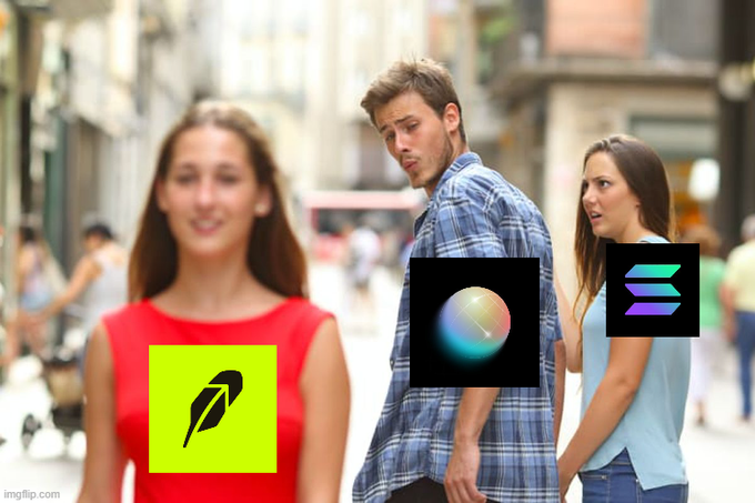 The 'Distracted Boyfriend' meme with logos overlaid: a feather/quill icon (representing Obsidian) on the woman in red, a disco ball (representing Midjourney) on the boyfriend, and a Solidity logo (representing Ethereum) on the other woman.
