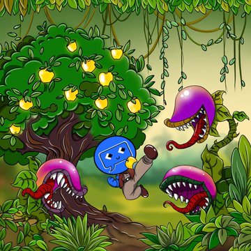 A cartoon-style illustration of a blue round character running through a jungle being chased by three purple Venus flytrap-like monsters with sharp teeth.