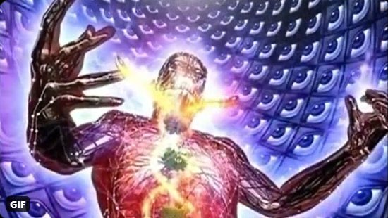 A horrifying, flayed figure with exposed musculature stands screaming in agony as a glowing green Kryptonite glows within its chest cavity, radiating energy that courses through its body. The image of Superman being weakened by Kryptonite powerfully reinforces the post's "manifesting a massive win today" message, suggesting that even the toughest obstacles can be overcome when the right force hits at the core.