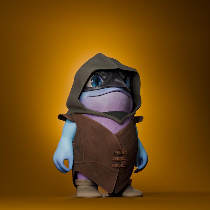 A 3D rendered cartoon character with blue skin, wearing a dark hood and brown vest, standing against a gradient orange background.