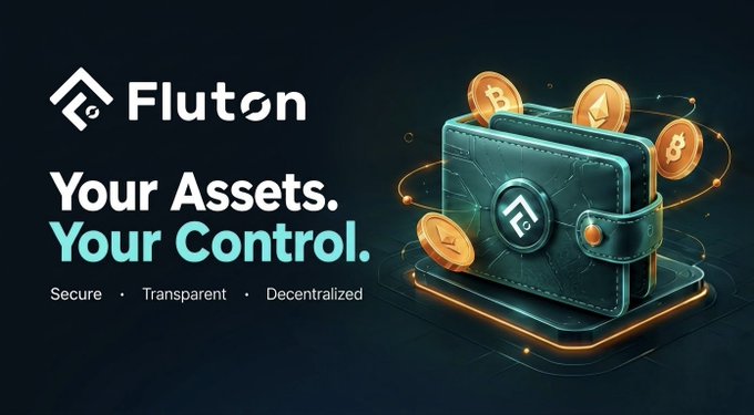A promotional graphic for 'Fluton' features a digital wallet illustration with floating cryptocurrency coins, with the tagline 'Your Assets. Your Control.' and the words 'Secure, Transparent, Decentralized.'