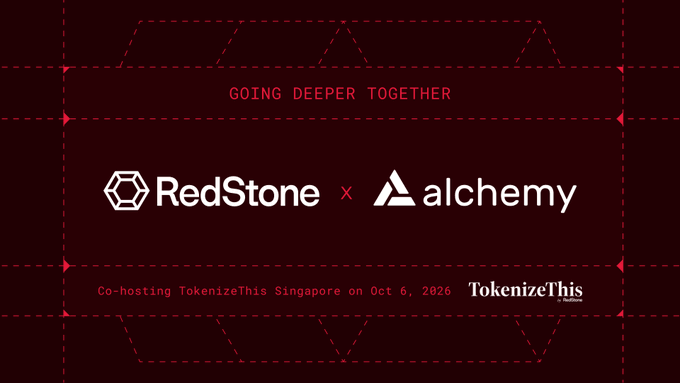 A promotional graphic with text 'GOING DEEPER TOGETHER' featuring RedStone and Alchemy logos, announcing 'Co-hosting TokenizeThis Singapore on Oct 6, 2026' with the TokenizeThis by SSIMWAVE logo.