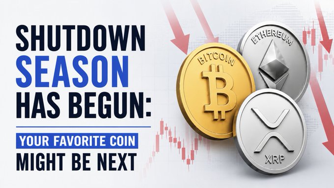 A graphic titled 'SHUTDOWN SEASON HAS BEGUN: YOUR FAVORITE COIN MIGHT BE NEXT' displaying Bitcoin, Ethereum, and XRP coins with downward red arrows against a market chart background.