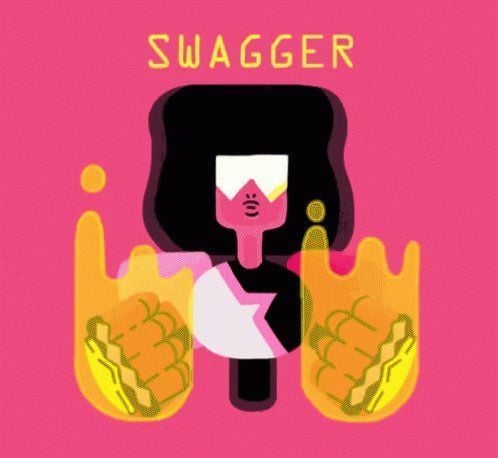 Vibrant pop-art style illustration of a stylized figure with large yellow hands against a bright pink background, with the word 'SWAGGER' written above.