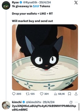 A screenshot of an X post from “Ryse @RyseETH” dated “29/4/24” asking people to “Drop your wallets + LIKE + RT” and “Will market buy and send out,” featuring an animated black cat in a bowl.