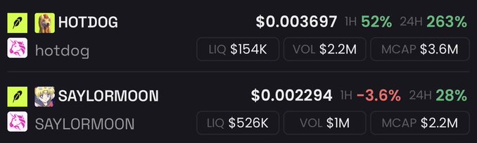 Cryptocurrency price tracker showing HOTDOG at $0.003697 with 52% (1H) and 263% (24H) gains, and SAYLORMOON at $0.002294 with -3.6% (1H) and 28% (24H) gains.