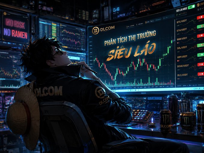 An anime-style illustration shows a person in a 'DLCOM' jacket sitting before multiple monitors displaying cryptocurrency trading charts, with text reading 'NO RISK NO RAMEN' and 'PHÂN TÍCH THỊ TRƯỜNG SIÊU LÃO' alongside ticker pairs like BTC/USDT and ETH/USDT.