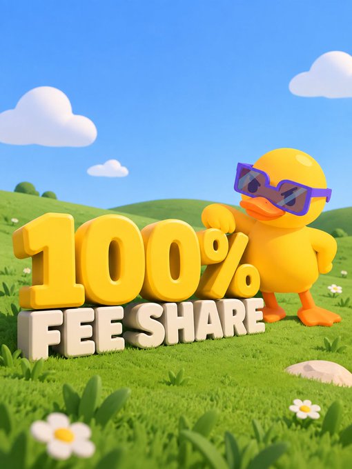 A 3D illustration of a yellow duck wearing sunglasses standing on grass next to large yellow and white blocks that read "100% FEE SHARE".