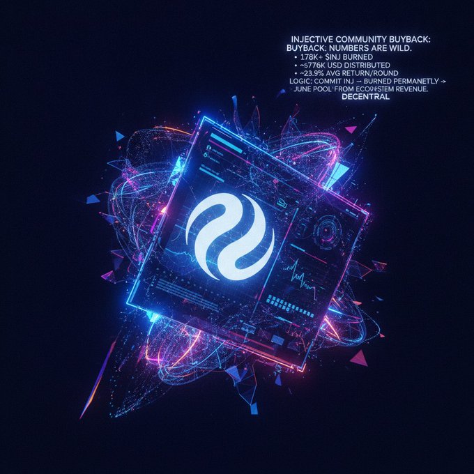 The image showcases a futuristic, neon-lit visualization of Injective's logo surrounded by glowing digital interfaces, accompanying a post highlighting impressive Community Buyback figures: over 178,000 $INJ burned, approximately 776,000 USD distributed, and ~23.9% average return per round.