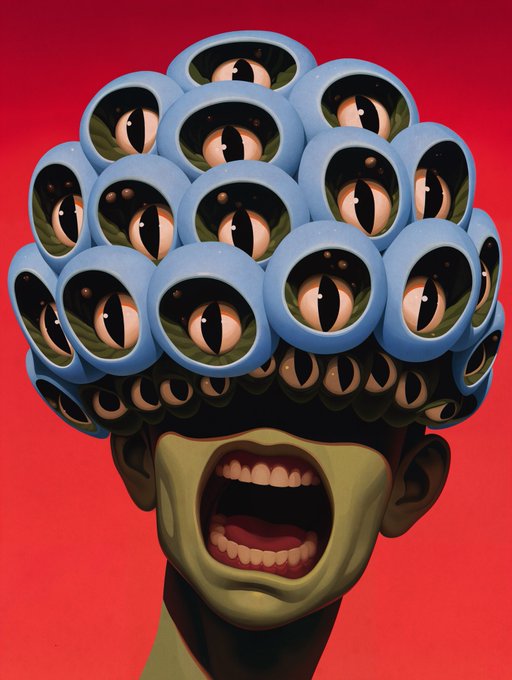 A surreal digital artwork of a green-skinned figure with an open, screaming mouth and a head composed of a cluster of large, unblinking eyes against a red background.