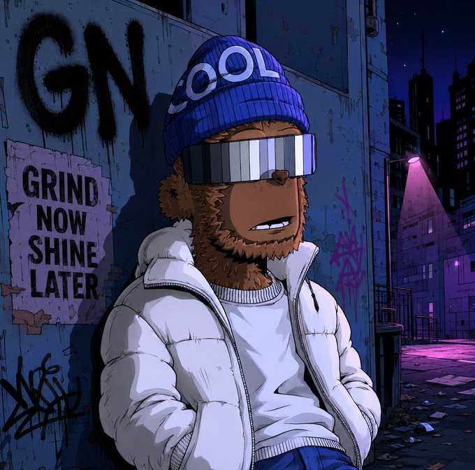 A cool‑looking monkey in a “COOL” beanie and reflective shades leans against a wall bearing the graffiti “GN” and a “GRIND NOW SHINE LATER” sign, capturing the nocturnal hustle the post warns never sleeps.