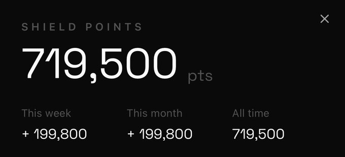 A dark interface screen displays 'SHIELD POINTS 719,500 pts' along with stats showing '+ 199,800' for 'This week' and 'This month', and '719,500' for 'All time'.